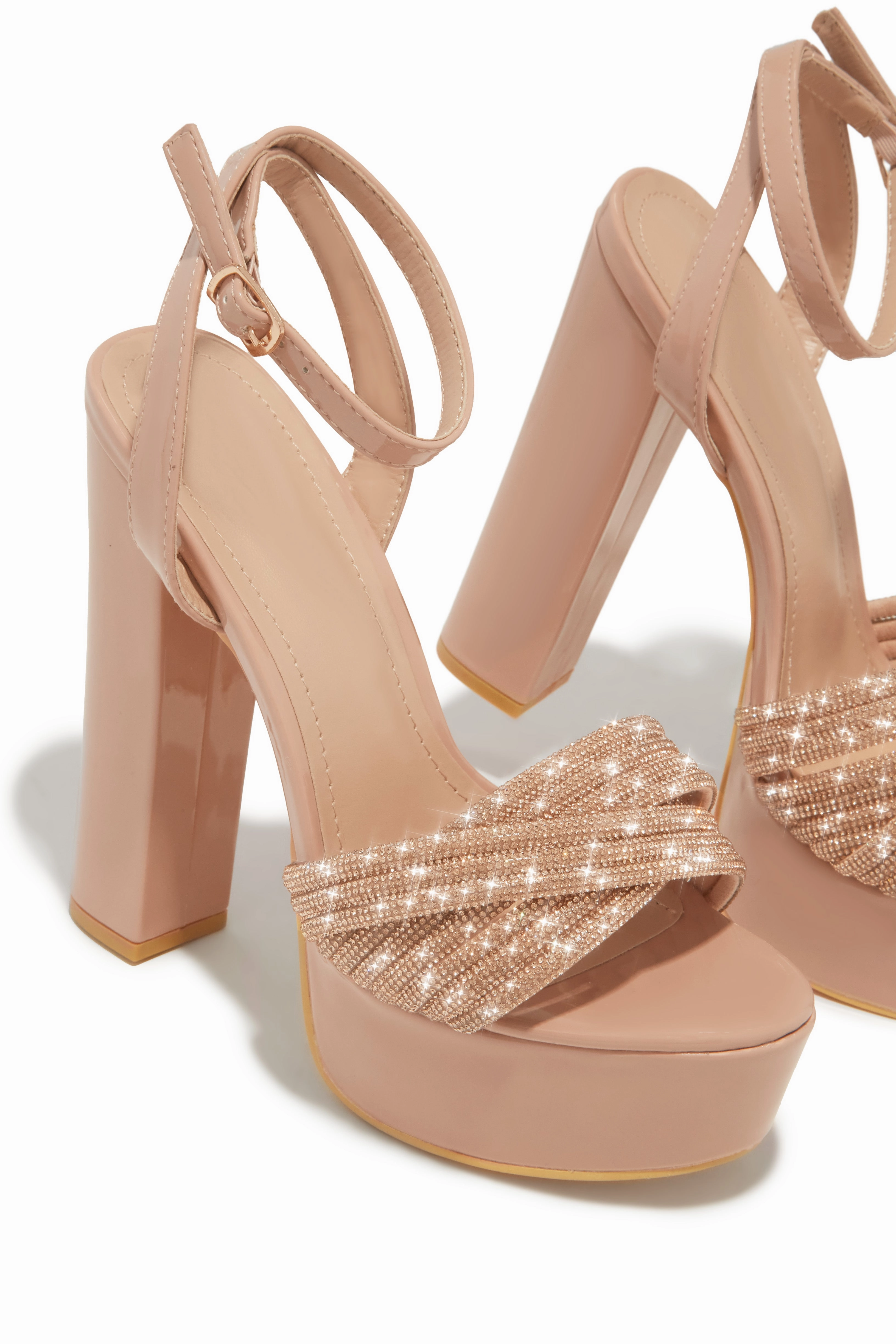 Arianna Embellished Platform Block Heels - Nude