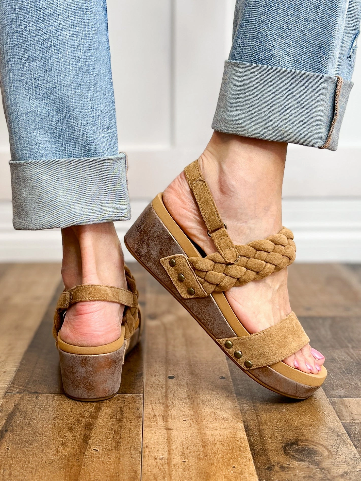 Corkys Pleasant Wedge Sandals in Camel Suede