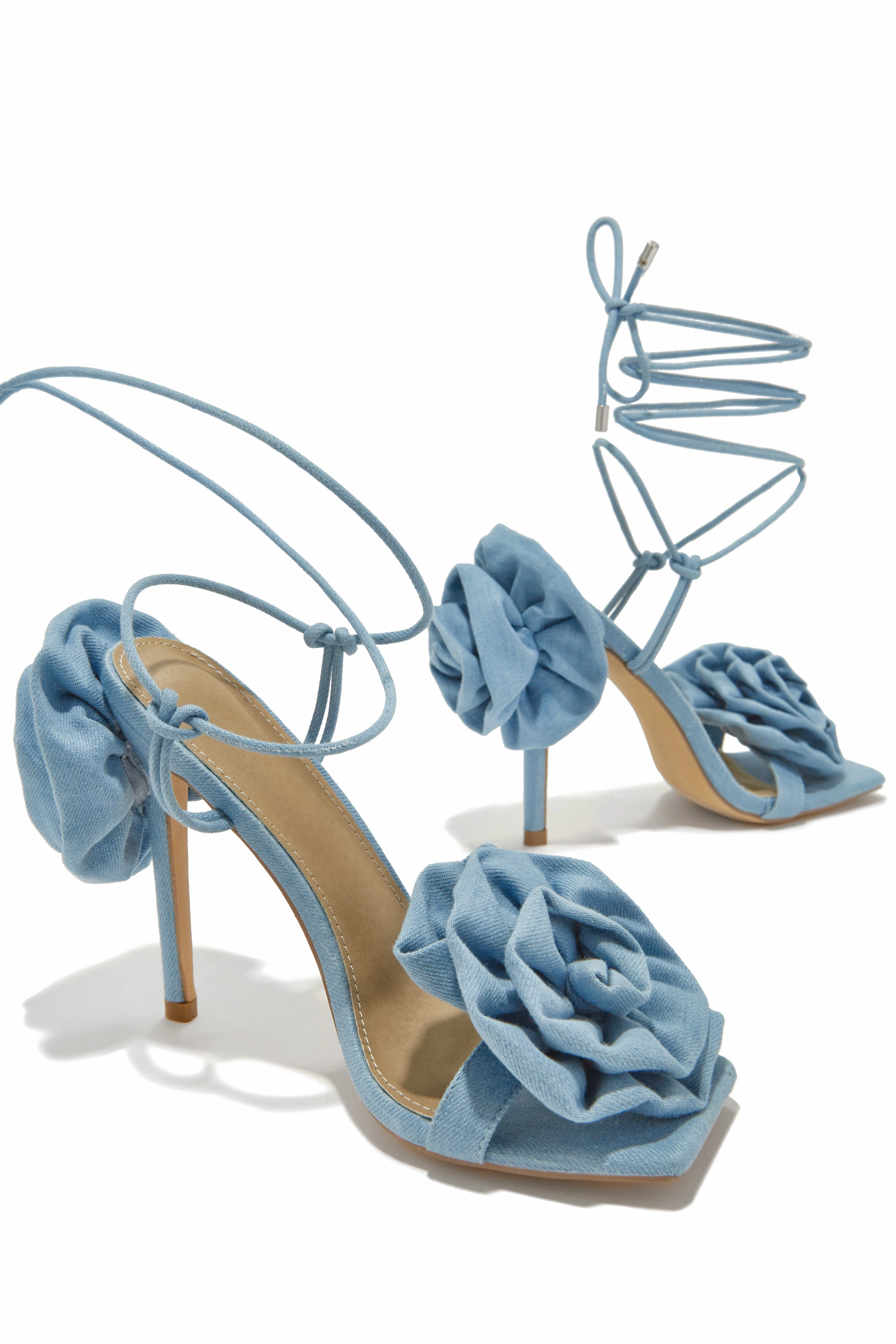 Divine Bloom Rosette Lace Up Heels - Denim
