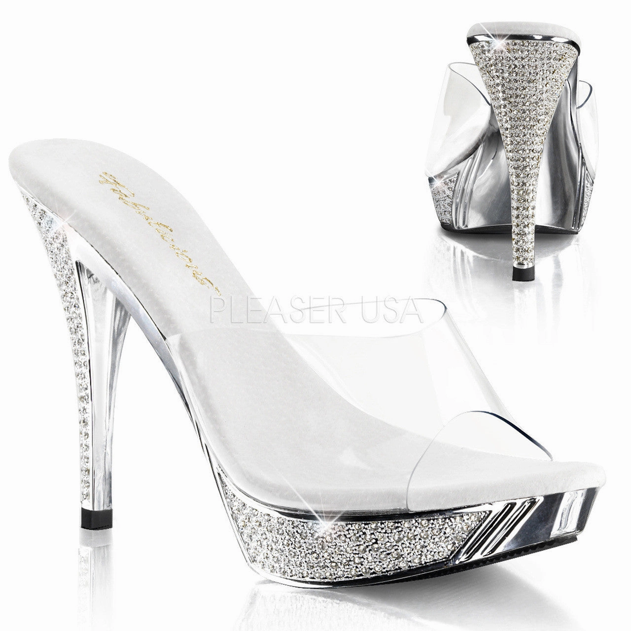 FABULICIOUS ELEGANT-401 Clear-Silver Chrome Platform Slides