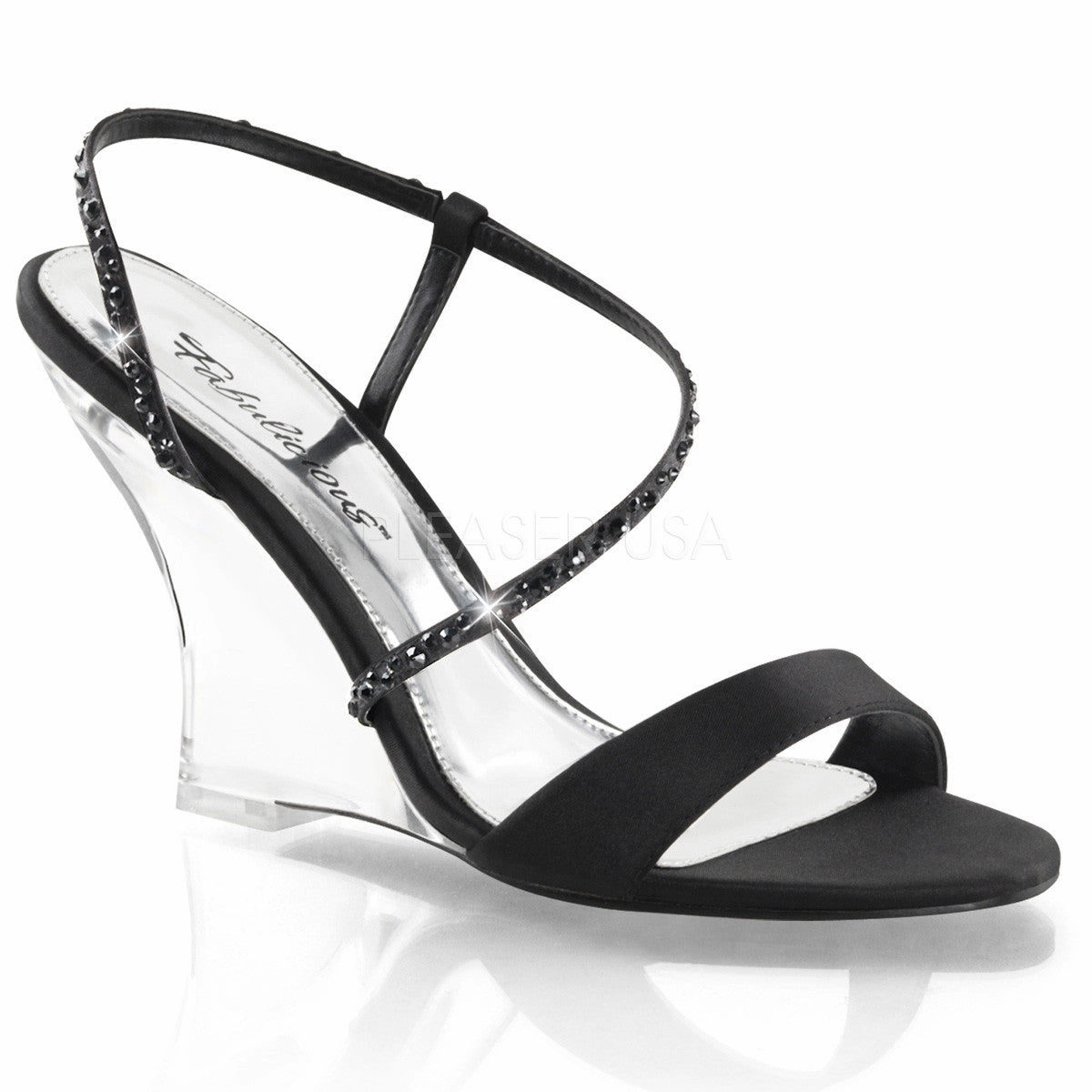 FABULICIOUS LOVELY-417 Black Satin-Clear Slingback Wedges
