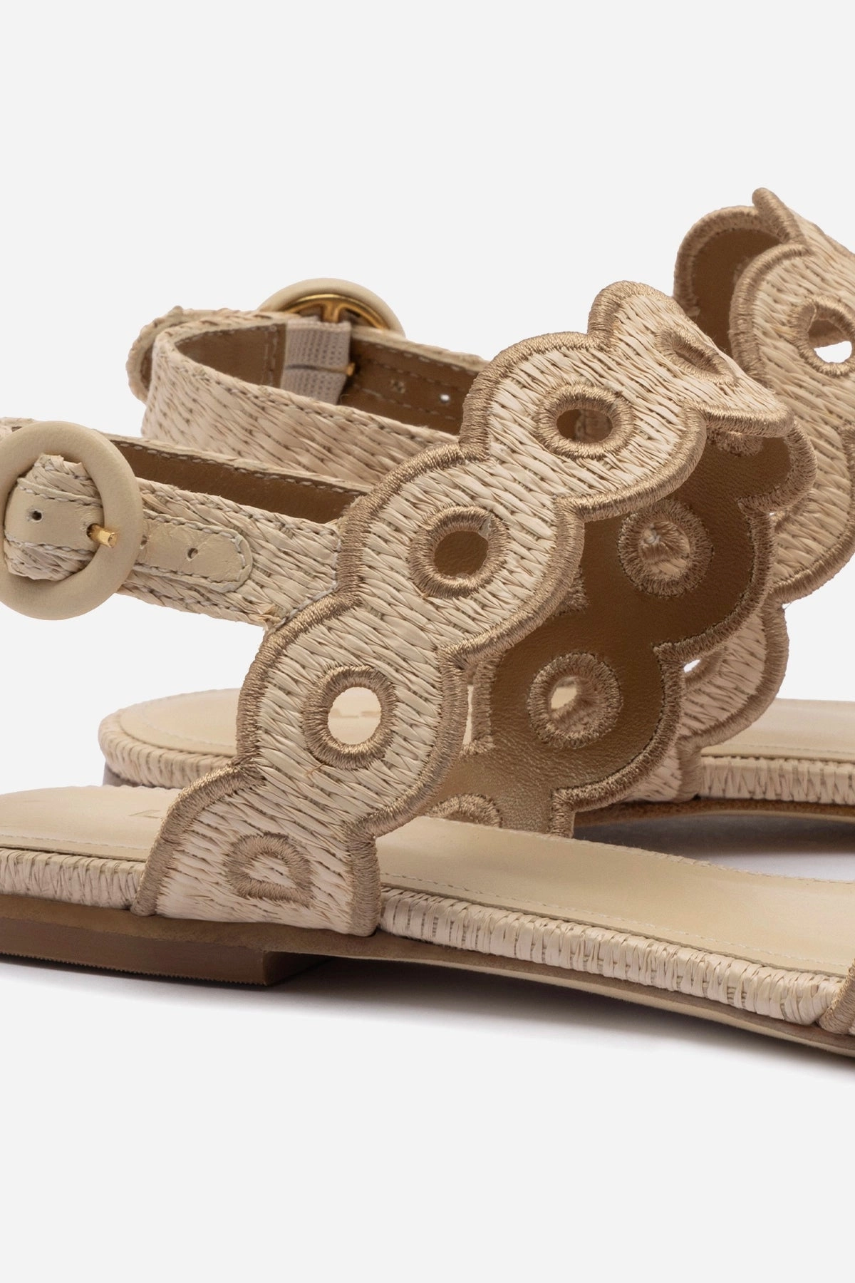 Florence Broderie Flat Sandal In Natural Raffia and Hazelnut Trimming