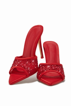 Kari Embellished High Heel Mules - Red
