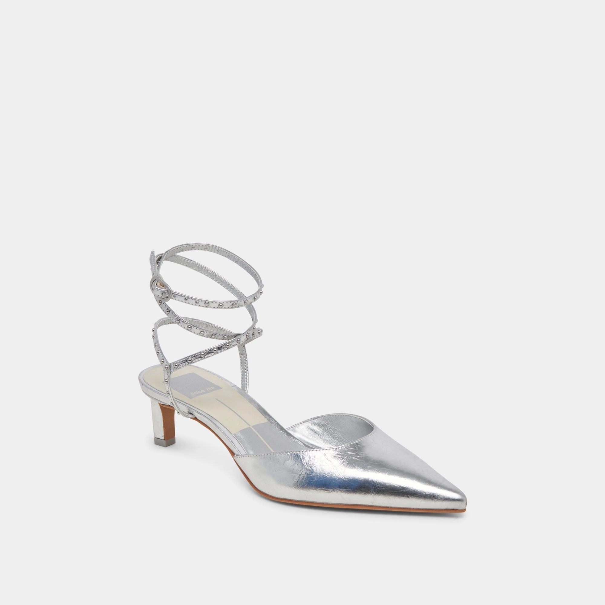 LOKLYN STUD HEELS SILVER CRINKLE PATENT - re:vita