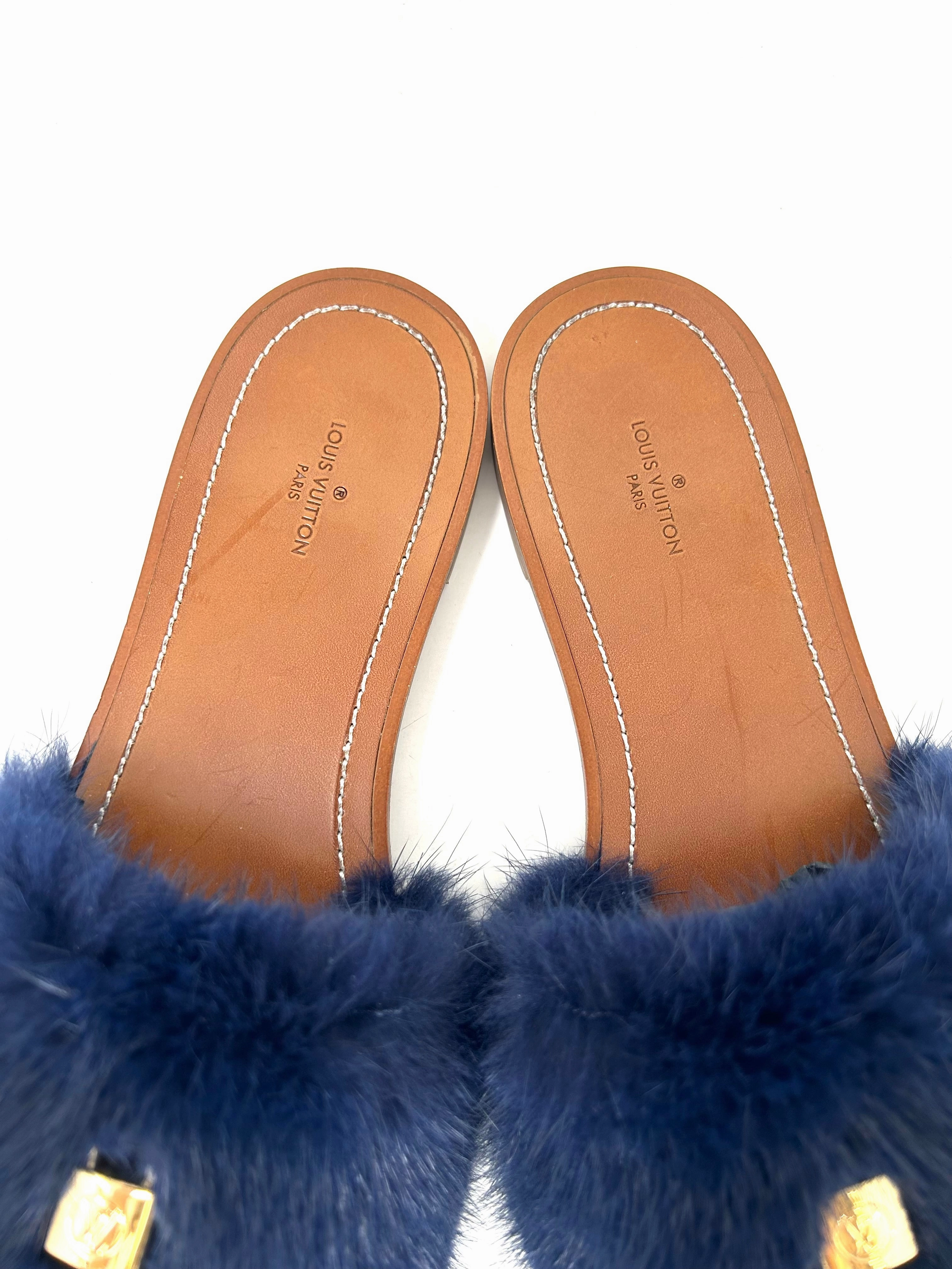 Louis Vuitton Lock It Brown Leather Dark Blue Mink Fur Slides Sandals 39 UK 6