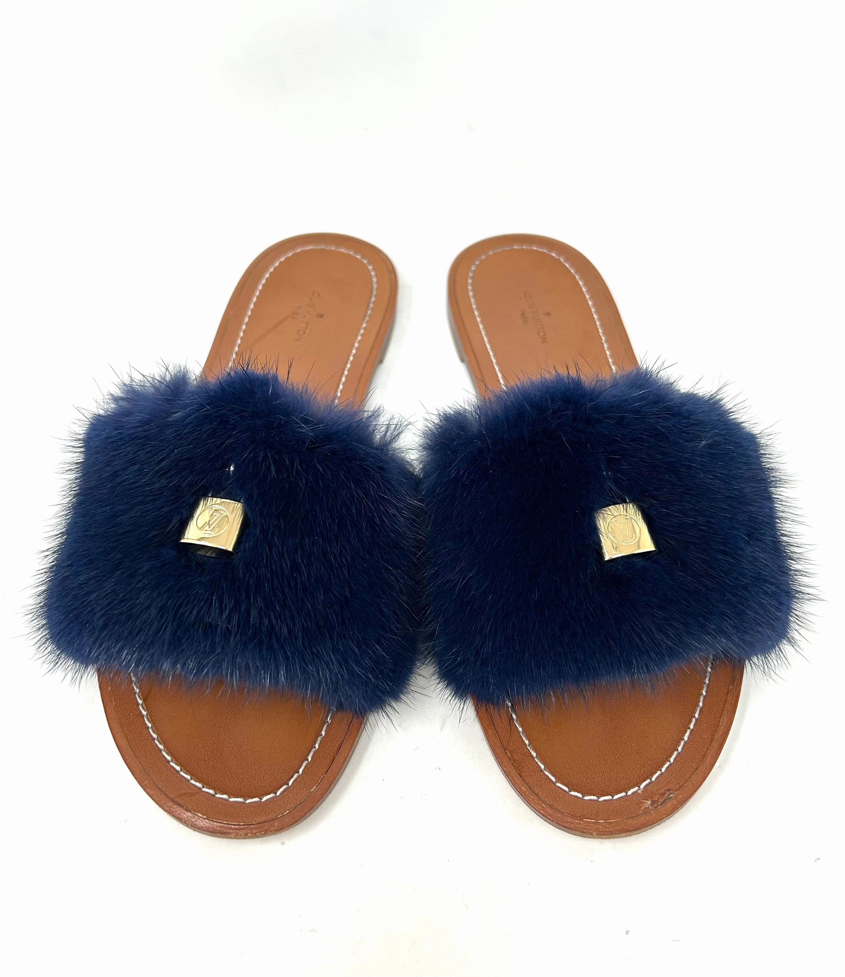 Louis Vuitton Lock It Brown Leather Dark Blue Mink Fur Slides Sandals 39 UK 6