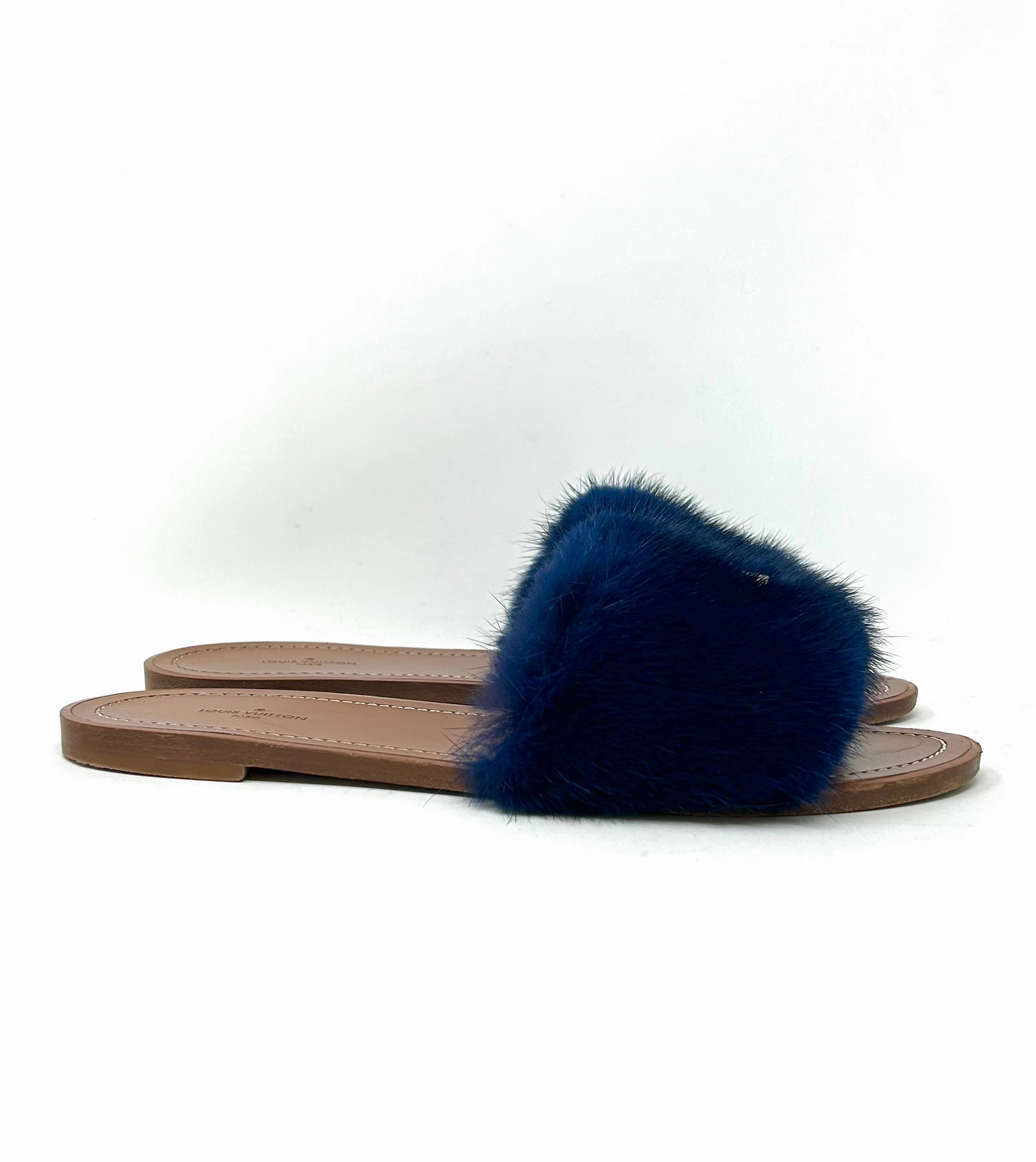 Louis Vuitton Lock It Brown Leather Dark Blue Mink Fur Slides Sandals 39 UK 6