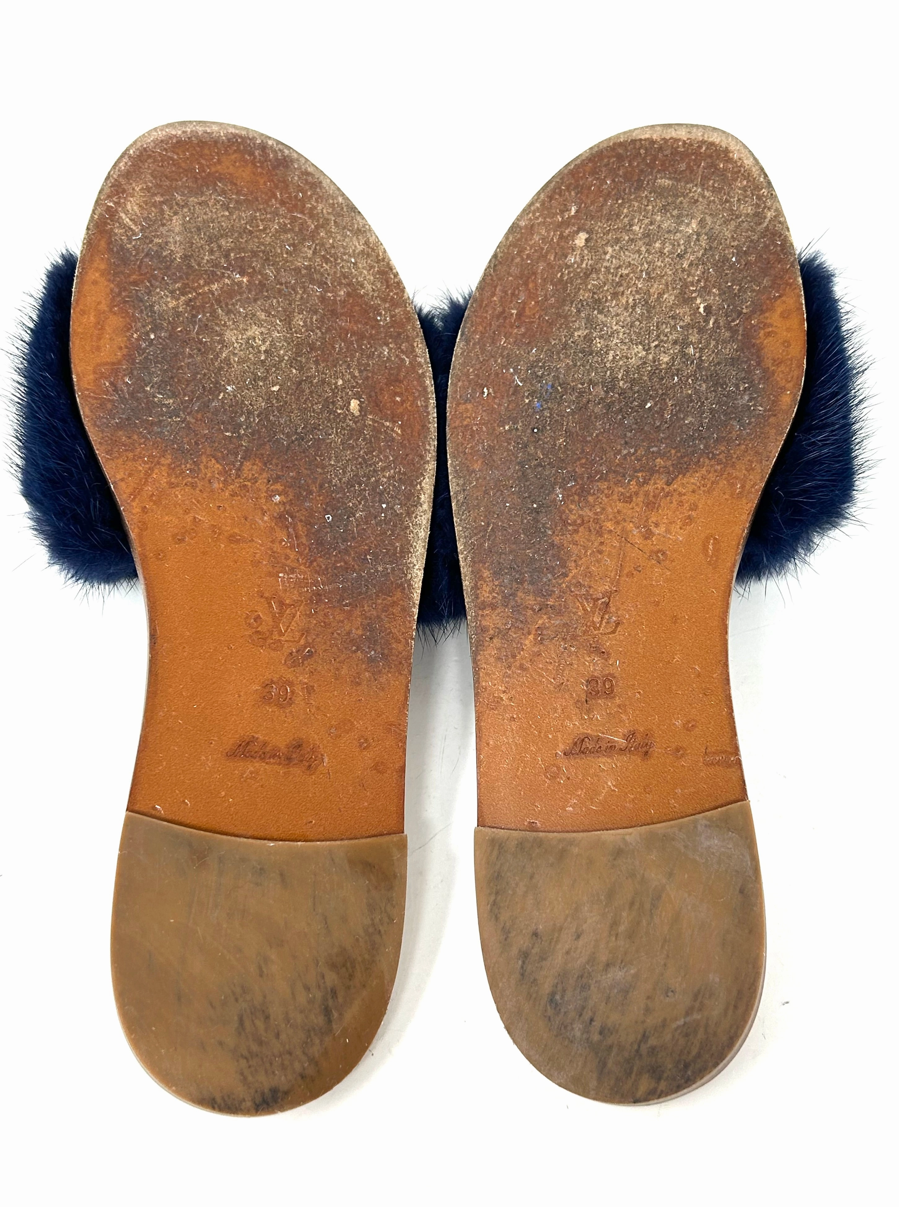 Louis Vuitton Lock It Brown Leather Dark Blue Mink Fur Slides Sandals 39 UK 6