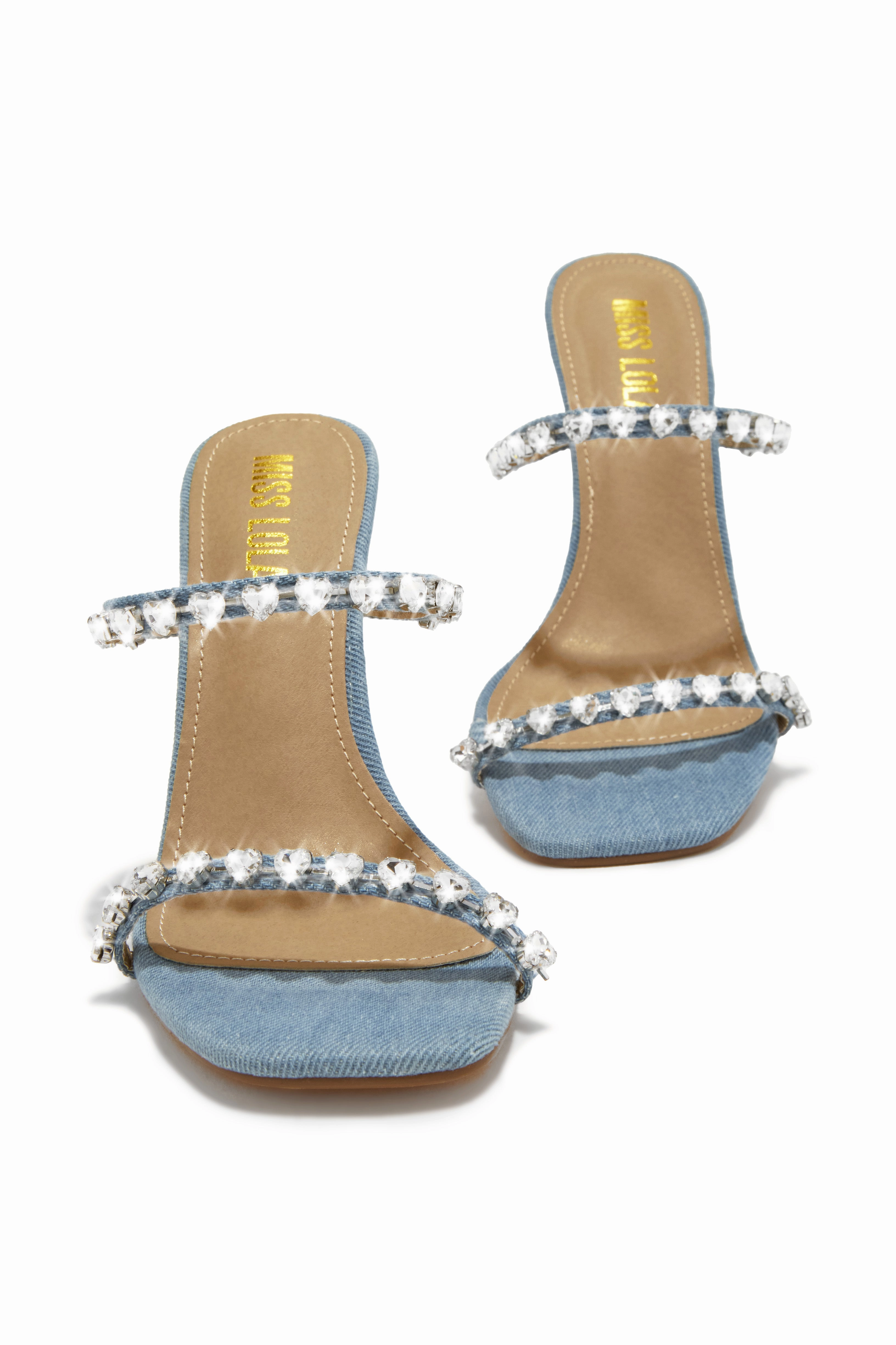 Love Addiction Embellished High Heel Mules - Denim