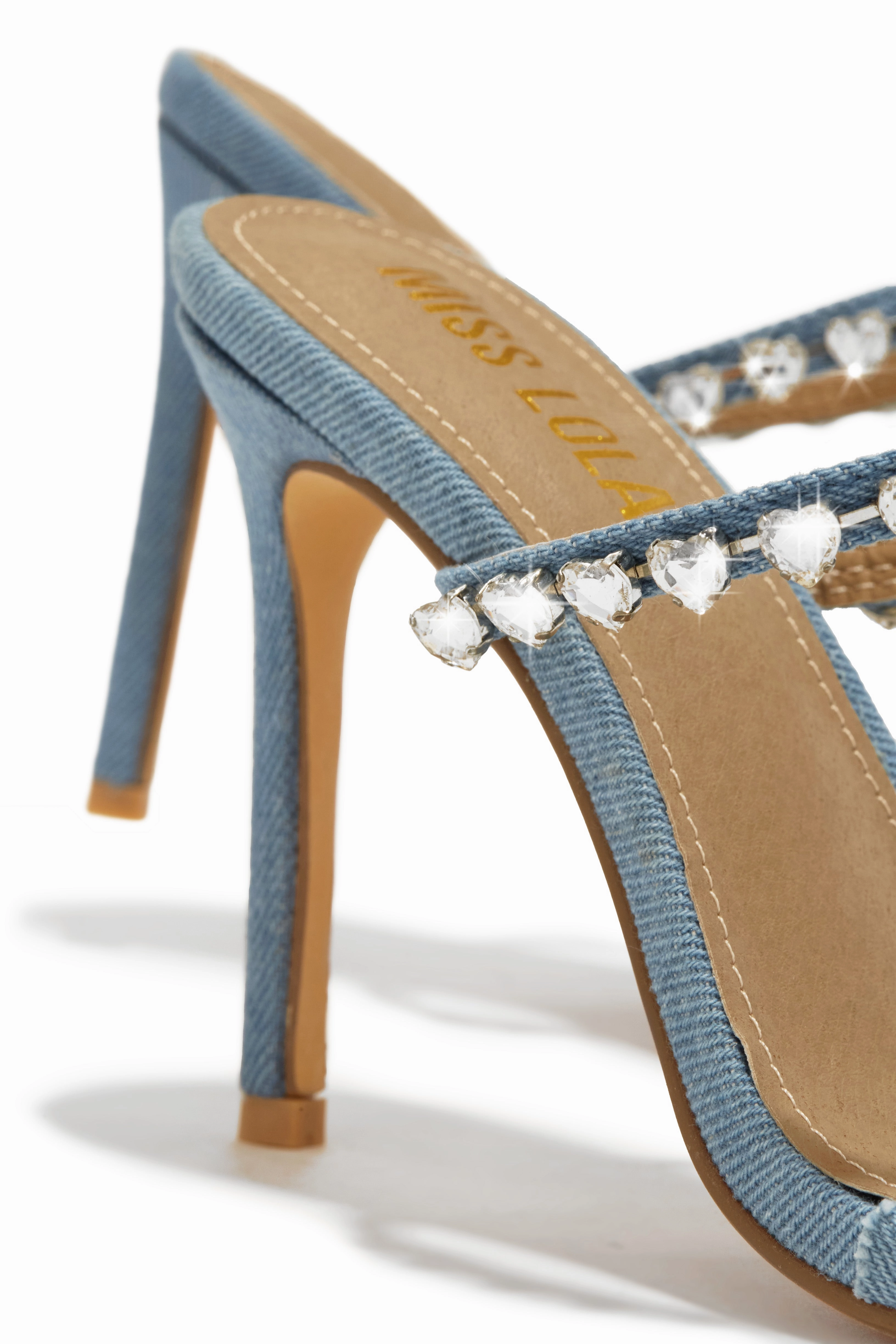 Love Addiction Embellished High Heel Mules - Denim