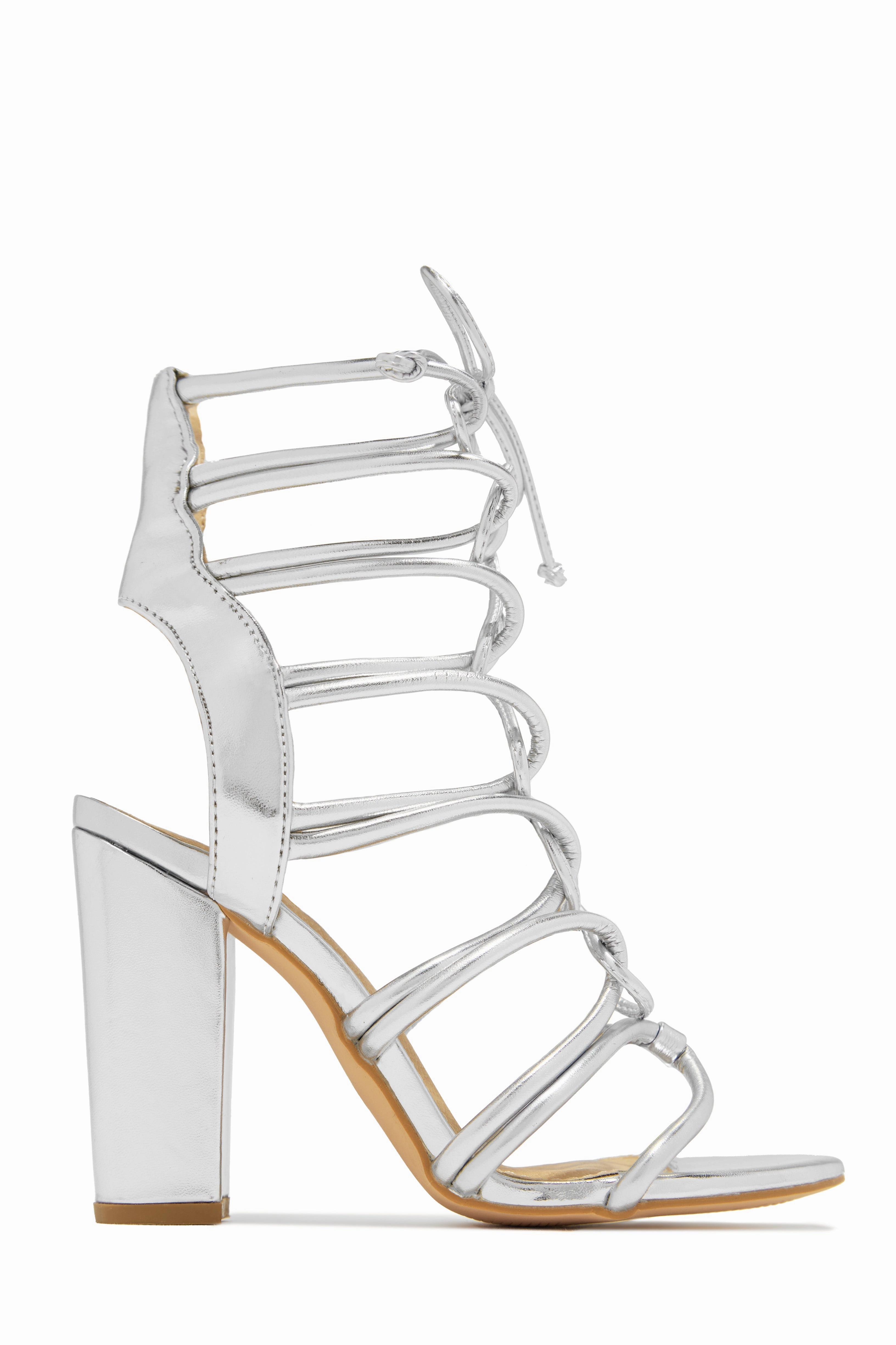 Miami Vibes Lace Up Block High Heels - Silver