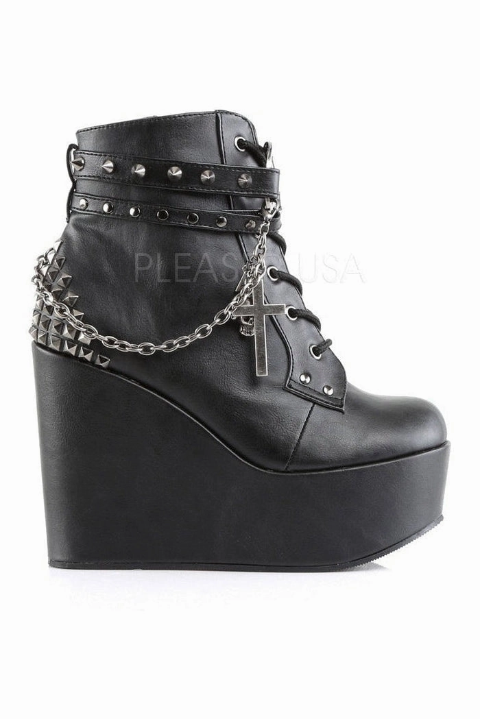 POISON-101 Demonia Wedge | Black Faux Leather