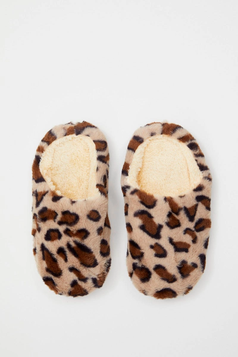 Print Plush Faux Fur Leopard Mule Slippers