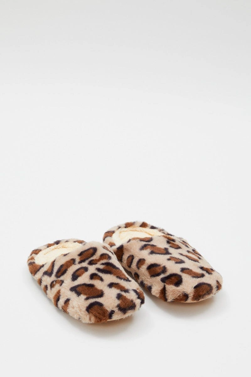 Print Plush Faux Fur Leopard Mule Slippers