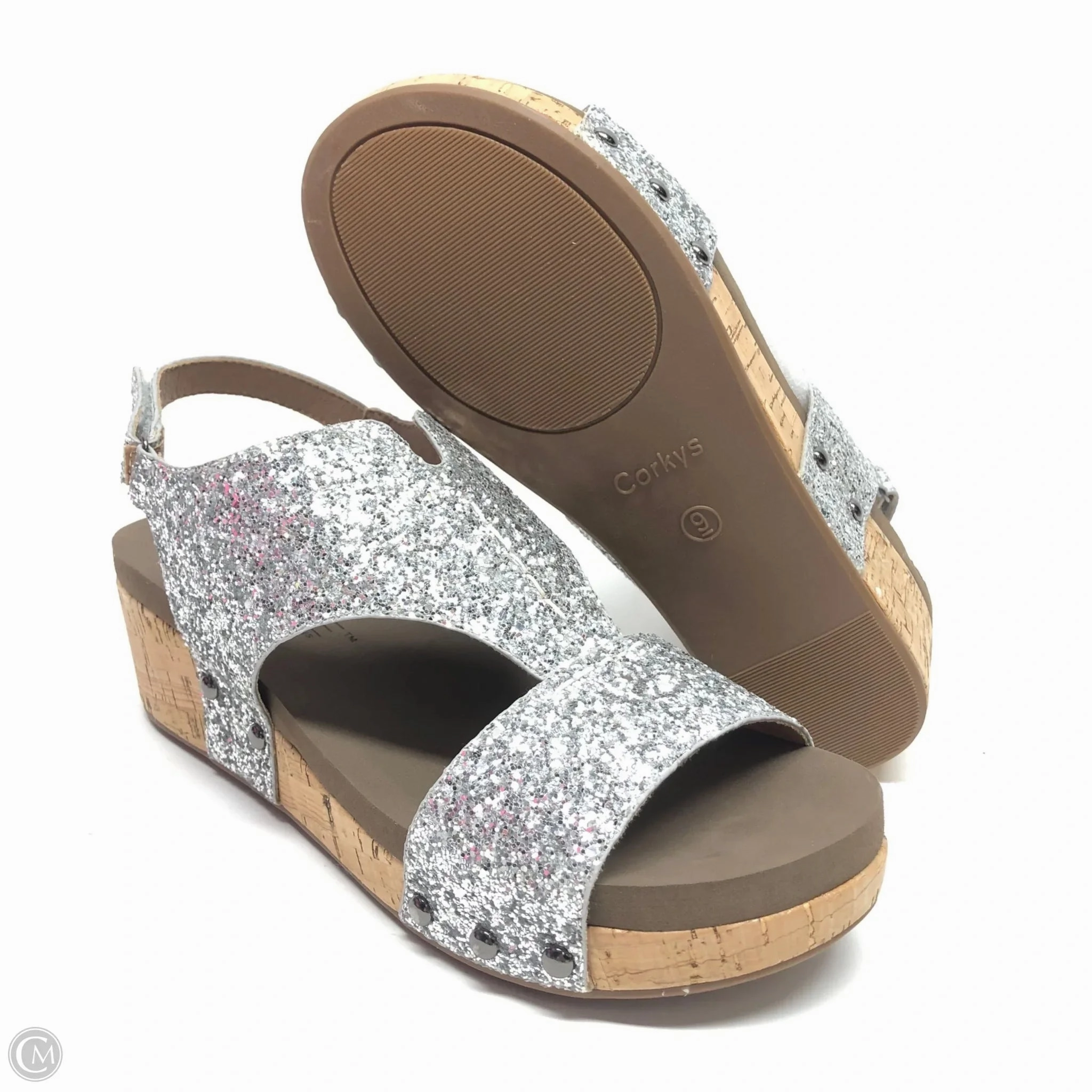 Sandals Heels Wedge By Corkys In Silver, Size: 9