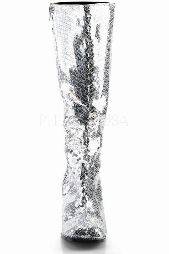 SPECTACUL-300SQ Knee Boot | Silver Sequins