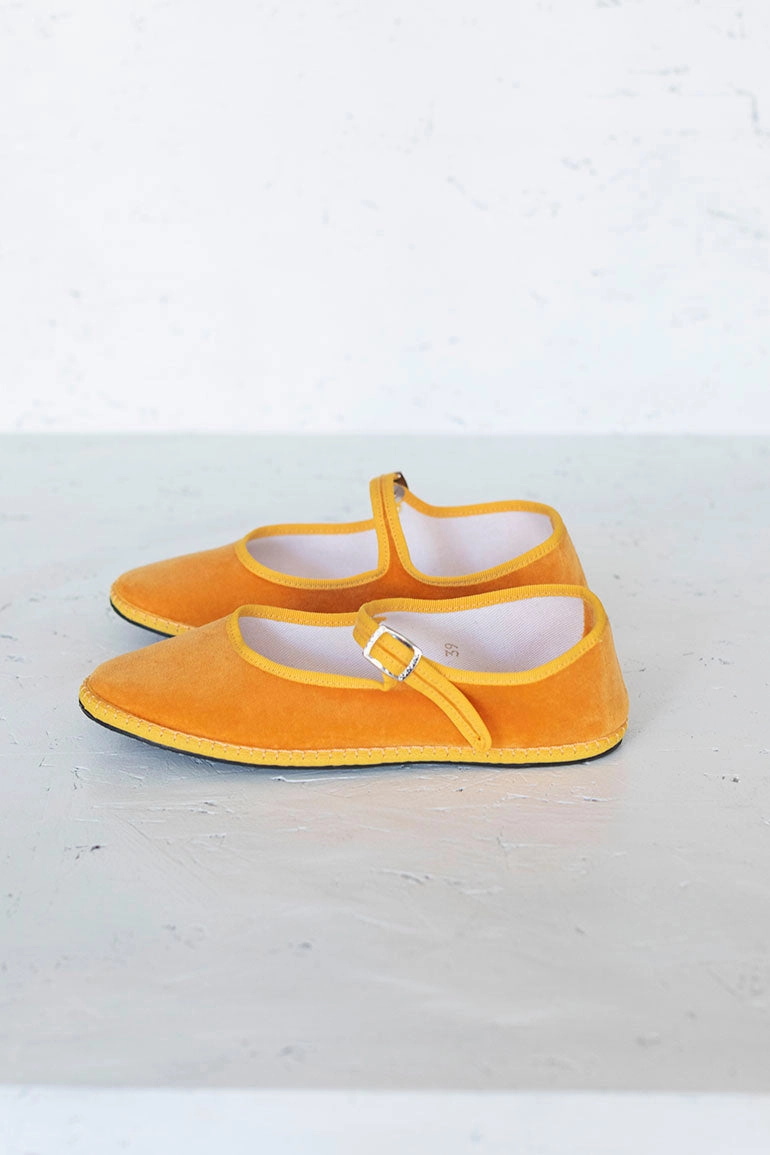 Velvet Mary Jane Slippers - Mustard