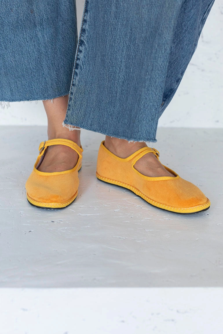 Velvet Mary Jane Slippers - Mustard