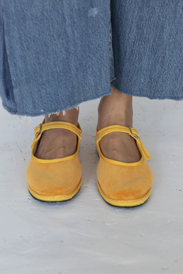 Velvet Mary Jane Slippers - Mustard