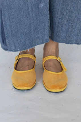 Velvet Mary Jane Slippers - Mustard