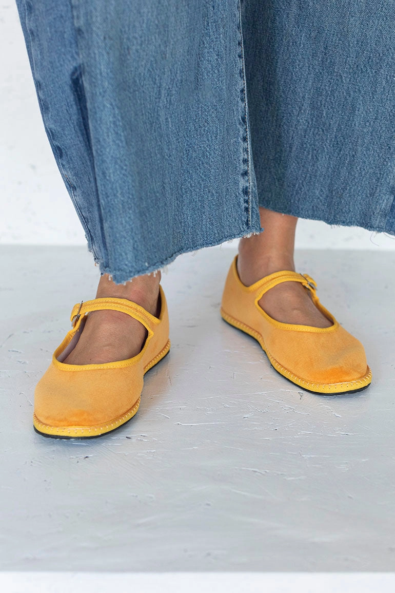 Velvet Mary Jane Slippers - Mustard