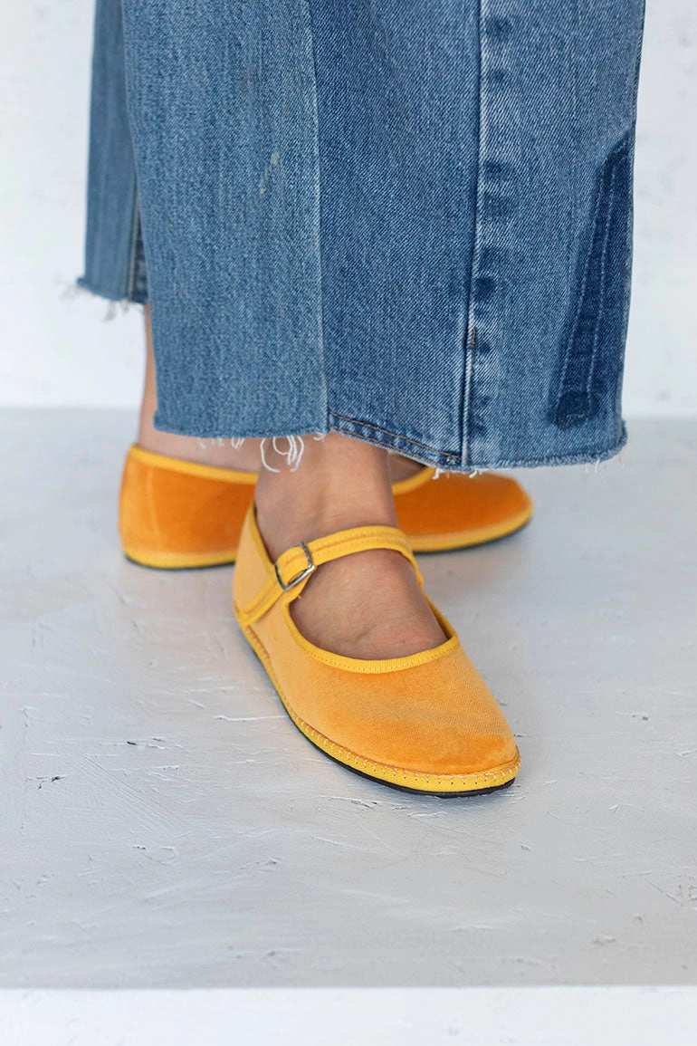 Velvet Mary Jane Slippers - Mustard