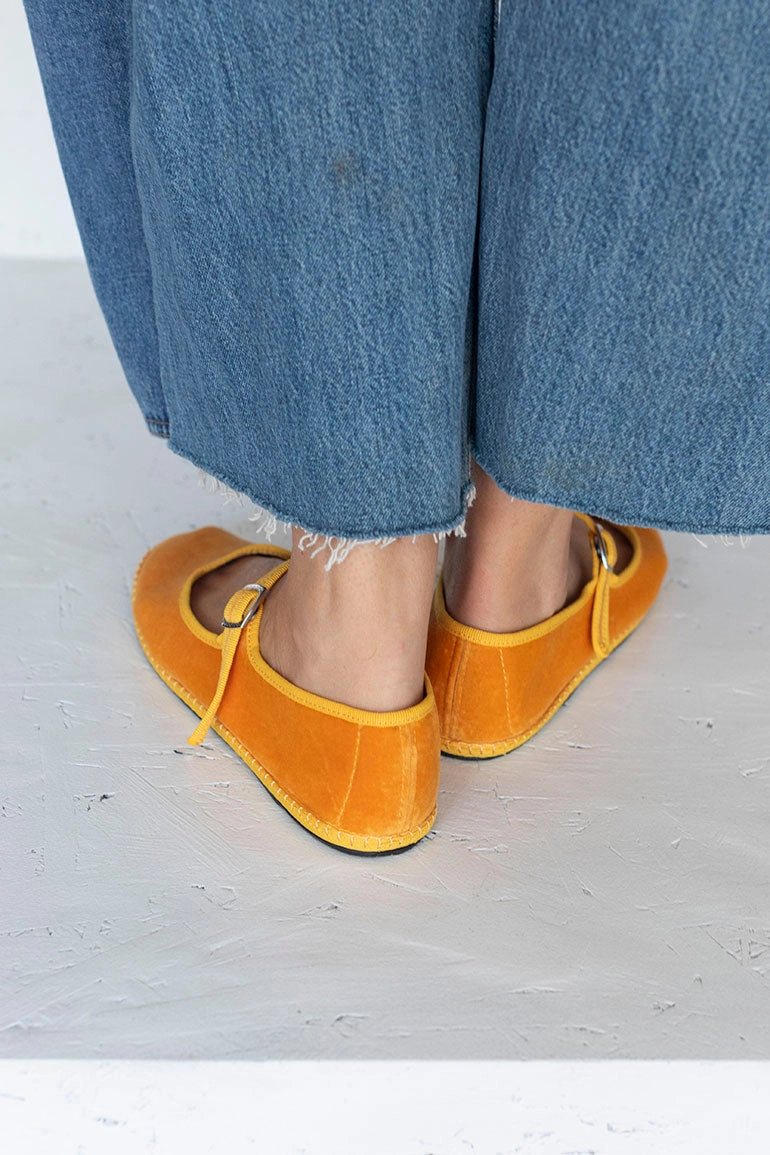 Velvet Mary Jane Slippers - Mustard